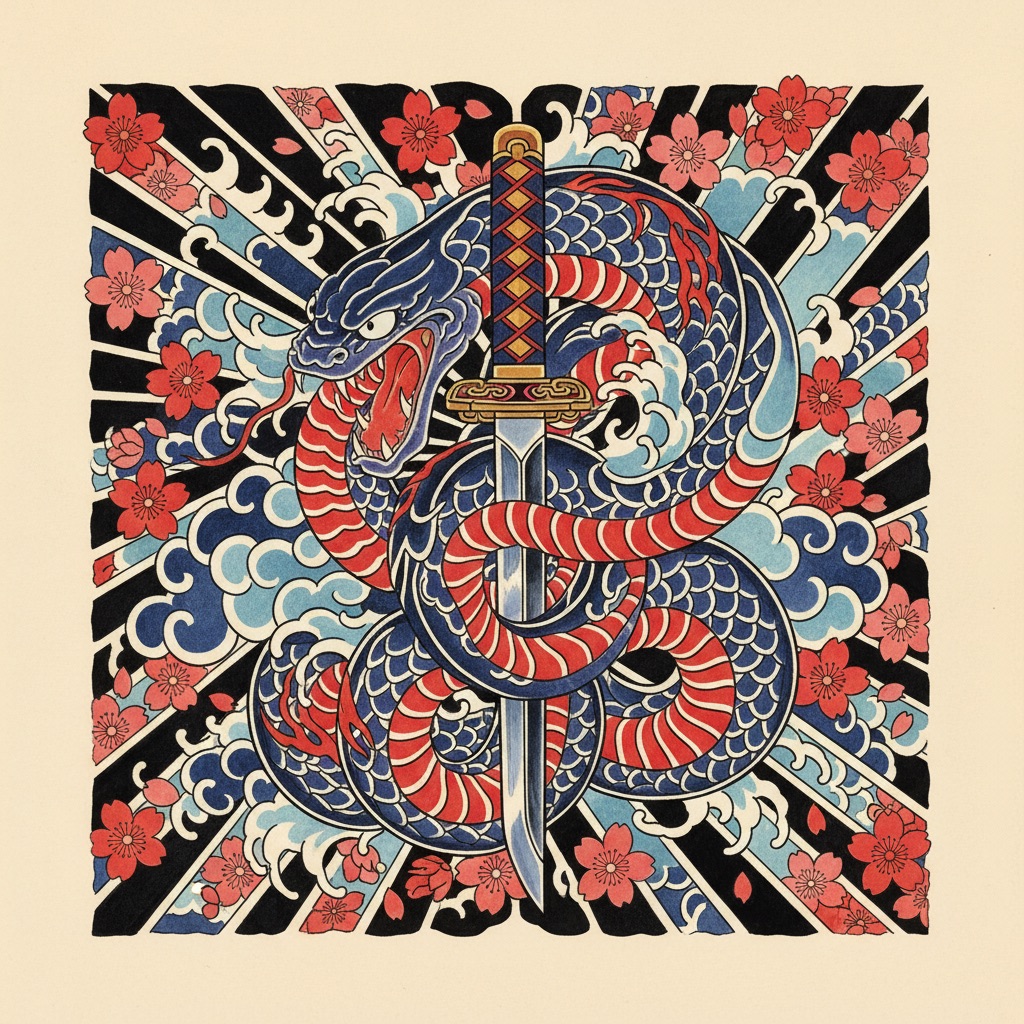 Japanese tattoo style — Irezumi waves, snakes & koi